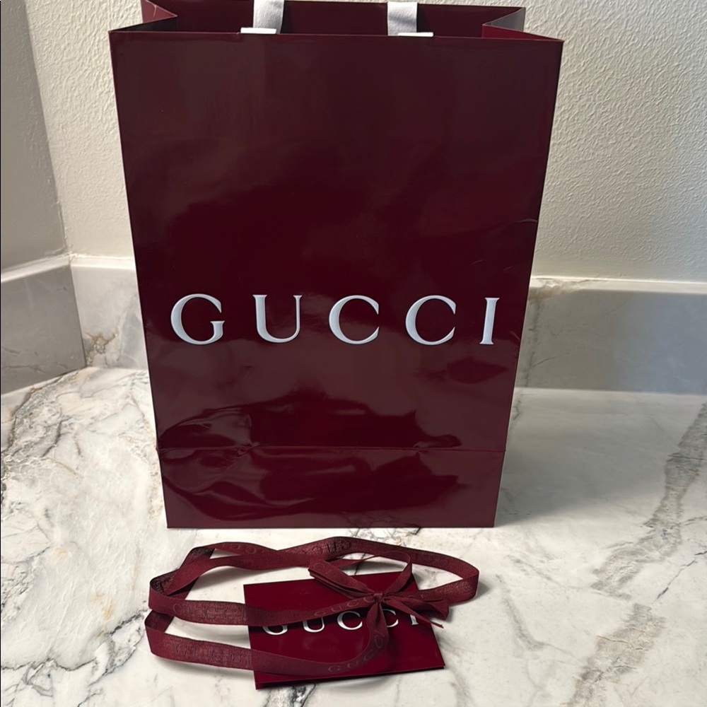 Gucci Deep Red Bag with card and ribbon